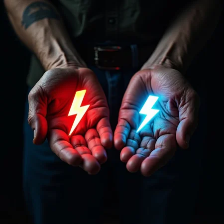 The image depicts two wrinkled aged hands, palms facing upside down, each holding a glowing similar thunder symbol, the left hand holds a larger red thunder symbol, while the right holds a smaller blue thunder symbol, the scene is set against a dark background, with dim lighting accentuating the contrast and texture of the hands and symbols,