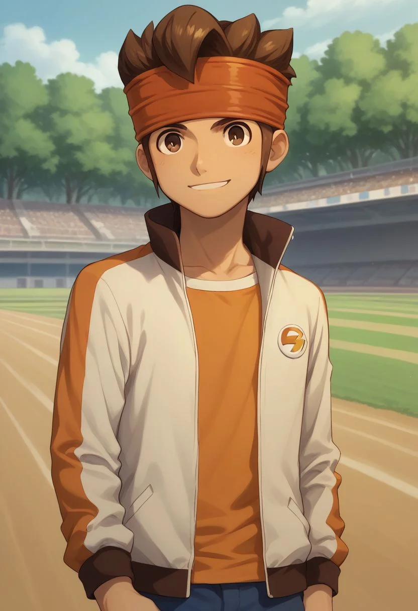 score_9, score_8_up, score_7_up, source_anime, highly detailed,
endou, 1boy, male focus, headband, solo, brown hair, brown eyes, jacket, pants, open jacket, track jacket, orange shirt, blue pants, upper body, smile,
outside,