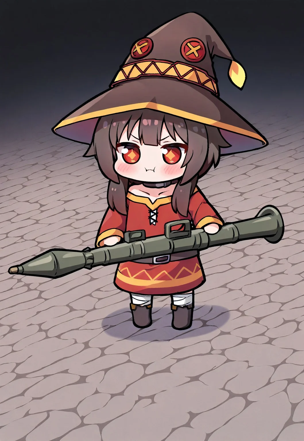 masterpiece, best quality, amazing quality, very aesthetic, absurdres, newest, (best quality,4k,8k,highres,masterpiece:1.2), 1girl, megumin, chibi, holding a rocket launcher, Go do a crime,, rpg_\(weapon\)