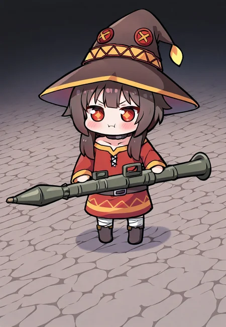 masterpiece, best quality, amazing quality, very aesthetic, absurdres, newest, (best quality,4k,8k,highres,masterpiece:1.2), 1girl, megumin, chibi, holding a rocket launcher, Go do a crime,, rpg_\(weapon\)