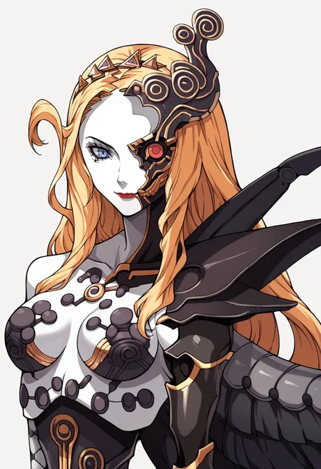 score_9, score_8_up, score_7_up, source_anime, 1girl, smile, closed mouth, <lora:NaamahSMT-pdxl:1> naamah, long hair, colored skin, half mask, heterochromia, lipstick, hairband, black wings, cyborg, mechanical arm, fishnet gloves, asymmetrical gloves, <lora:zs_ZeroAzurePortraitsXL:1> zeroazureportraits, solo, upper body, simple background, upper body