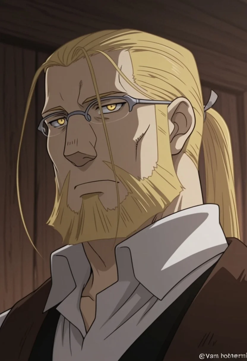 van hohenheim, beard, long hair, ponytail, yellow eyes,glasses,
masterpiece,best quality,amazing quality,newest,