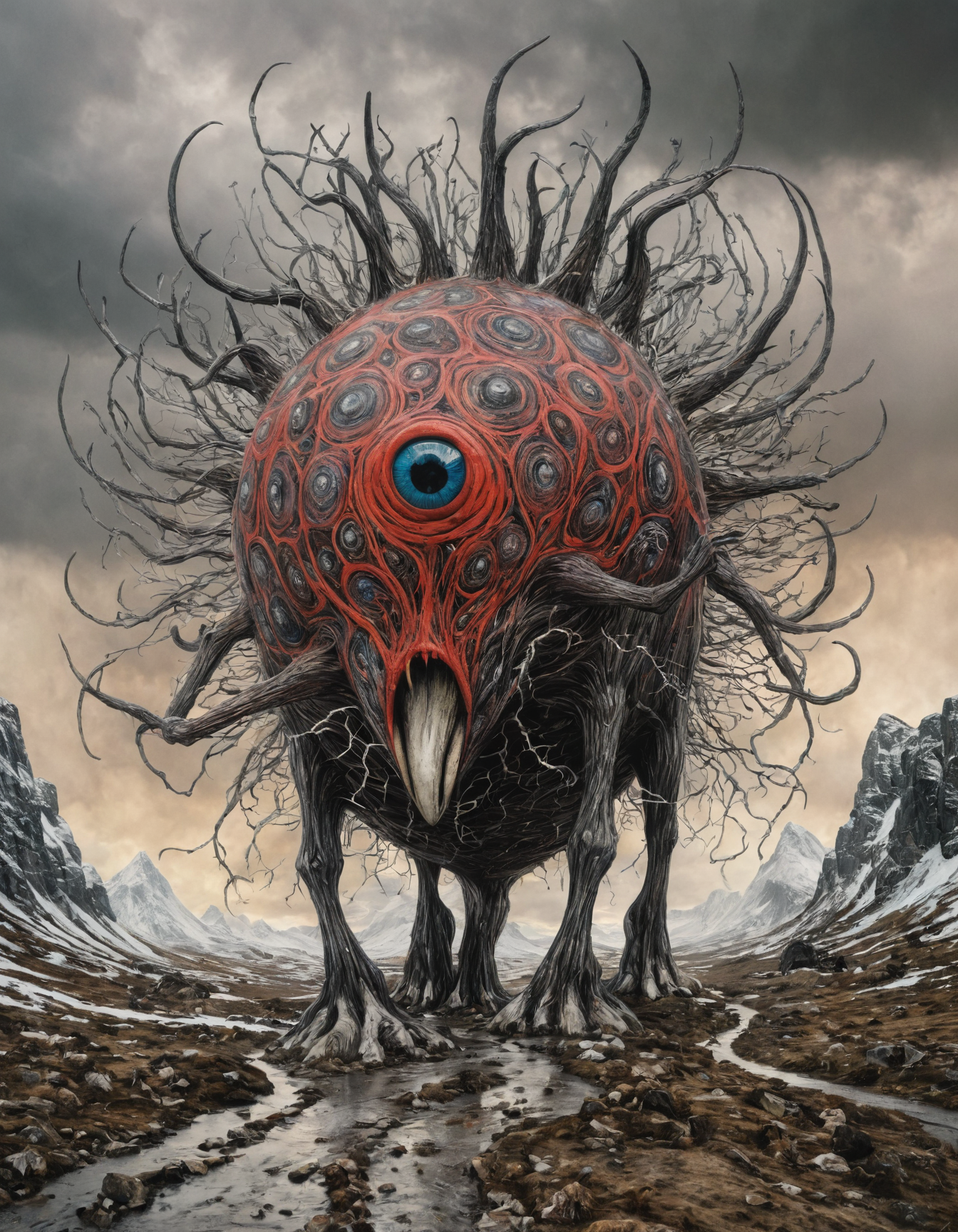 highly detailed and hyper realistic photo by Stanley Donwood , creature, bizarre, abnormal, otherworldly, comic book style, low angle, hyper detailed and highly realistic.