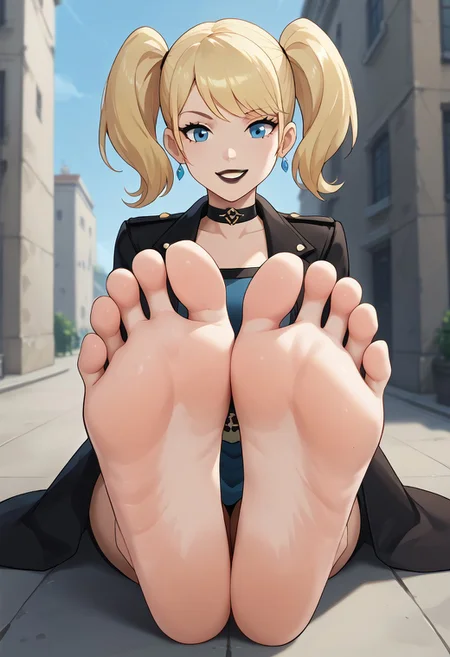 score_9, score_8_up, score_7_up, score_6_up, score_5_up, score_4_up, source_anime, BREAK, (masterpiece:1.4), (best quality:1.2), expressive eyes, perfect face, perfect anatomy, accurate anatomy, perfect feet, perfect soles, 1 girls, feet, soles, toes, foot focus, front view, smile, cute expression, clean feet, sitting, hands on ground, showing feet, barefoot, PONYXL_WaifuFeetPics_ownwaifu, feet, Harleybtas,1girl,solo,twintails,short hair,blonde hair,blue eyes,choker,black lips,medium breasts