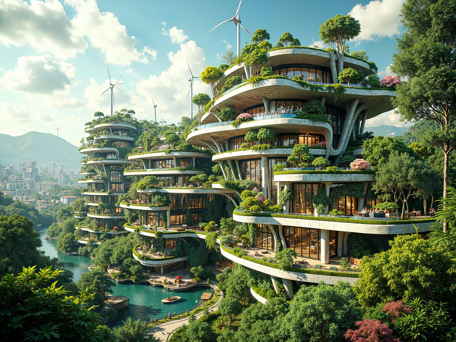 Futuristic ecological architecture with integrated vertical gardens and wind turbines, sustainable urban design, green building materials, solar panels, and water harvesting systems. Harmonious coexistence with nature, energy-efficient lighting, and advanced biophilic elements. Architectural innovation with eco-friendly materials like bamboo, recycled glass, and sustainable concrete. 8k resolution, masterpiece quality, intricate details. Emphasizing environmental harmony and natural integration. Large scale structure with panoramic view, set in a lush green landscape, skillful blend of modern design and natural elements, showcasing self-sustaining systems and renewable technologies. <lora:dreadmirth-art-style:0.3> <lora:RetroAnimeFluxV1:0.4> <lora:flux_dev:1>