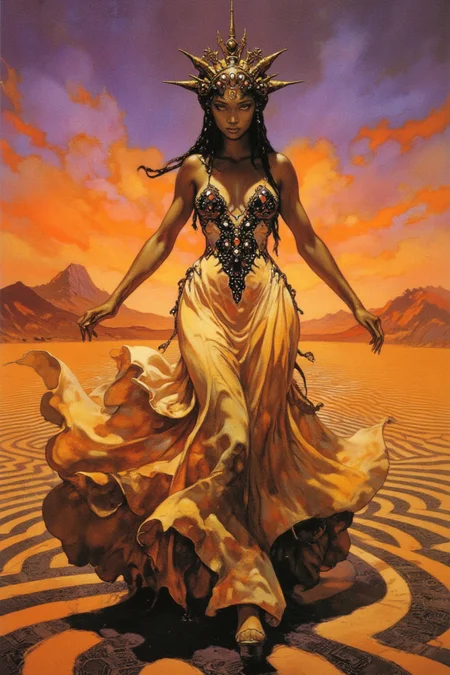 A regal woman with bronze skin and waist-length, jet-black hair braided into a crown stands on a surreal desert plain bathed in twilight hues of orange and purple. Her Met Gala-inspired gown cascades in layers of golden silk, sculpted into rippling dunes that echo the surrounding sandscape. The bodice is encrusted with obsidian-black crystals forming an abstract illusion of swirling winds. The ground beneath her is an optical illusion of interwoven black-and-white linear patterns creating a hypnotic, undulating wave effect that seamlessly integrates with the flowing contours of her gown. Her dynamic pose is poised yet ethereal: one foot firmly planted, the other stepping delicately forward as her arms spread wide, her train billowing in the illusory wind. The scene is an ode to the dreamlike surrealism of Salvador Dalí and the structured elegance of Iris van Herpen. High quality rendering. 8K.