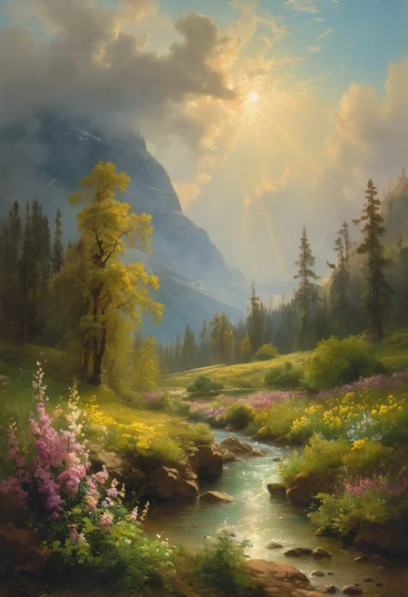 ((masterpiece, best quality, high quality, highres, ultra-detailed)), sunlight, epic snowstorm, (Render:0.1), (best quality, 8K, high resolution, extreme detail, outstanding composition:1.4), mountain valley, forest, river, spring, flowers, rain, god rays, dramatic light, aesthetic of hard - edge painting:0.1), full body, oil on canvas, (ivan aivazovsky:0.1), (best quality, high resolution, extreme detail, outstanding composition, masterpiece:1.4), award winning, screen space reflections (ssr), absolute sharpness, f/11, distinctive breathtaking magnum with delicate details, (stormcolors:0.1), epic shot, action shot, moody picture, creative work, creativity