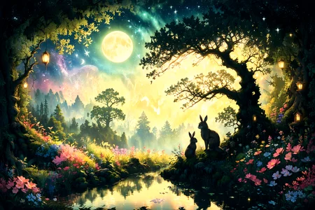 Imagine a serene and mystical forest clearing under a full moon's soft glow. In the heart of this enchanted landscape, a grand, ancient oak tree stands tall, its branches stretching wide and adorned with glowing lanterns, casting gentle light upon the surroundings. Beneath this majestic tree, a small, crystal-clear pond mirrors the moon and stars above, adding a magical sparkle to the scene. Surrounding the pond, a carpet of lush, green moss and delicate, colorful wildflowers create a vivid mosaic of life. In the foreground, a family of forest creatures, including a wise old owl perched on a branch, a curious fox peeking from behind the trees, and a pair of rabbits nestled in the grass, gather in peaceful harmony, enjoying the tranquility of the night. This tableau blends the natural beauty of the wild with a touch of fantasy, evoking a sense of wonder and enchantment <lora:Lost_In_Dreams:0.7> <lora:xl_more_art-full_v1:0.6>, (masterpiece:1.2), best quality, (hyperdetailed, highest detailed:1.2), high resolution textures