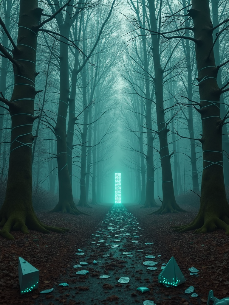 A mysterious forest with trees wrapped in flashing code, broken lenses and twisted metal on the ground, as if the world has been distorted by some unknown force.