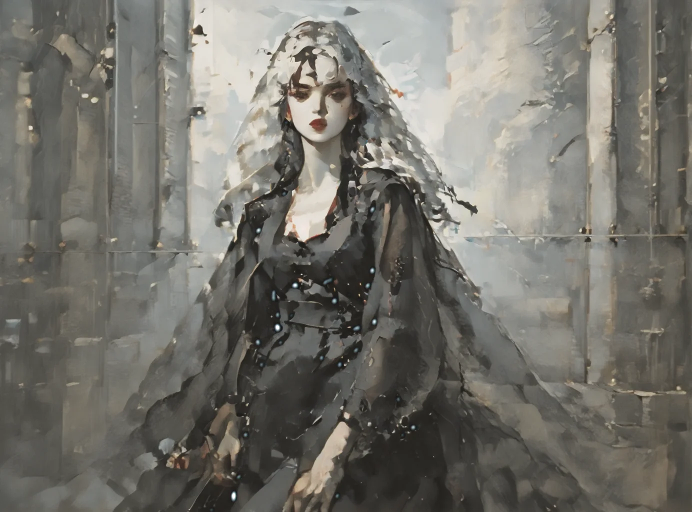 score_9, score_8_up, score_7_up, character portrait, angled, woman, pale skin, huge breasts, <lora:sm0k3XLP:1>, <lora:goth_clothes:1>, vampire dress, black details, red lining, Black hair, white highlights, <lora:FeikeAbstract:1>, <lora:Dark_Retro_Scifi_Aesthetic:1>,