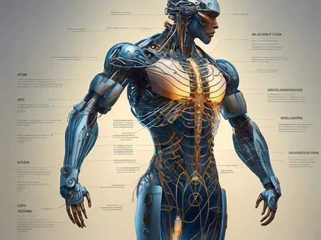 technical diagram of a military cyborg, translucent skin, bio-organic, tubes and veins, neural network, brain cortex, weapon systems. Intricate details, schematic, circuits, sketch, infographic.
