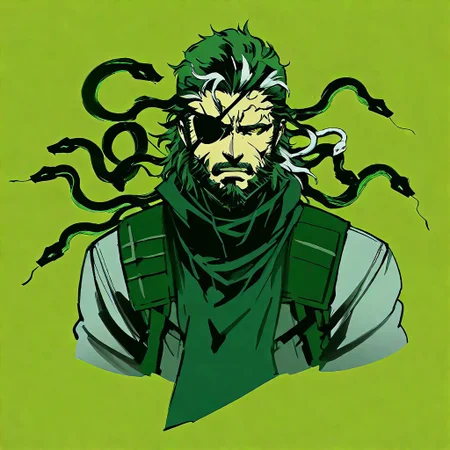 snake_hair, Score_9, score_8_up, score_7_up, 8k, masterpiece, illustriousanime
Solid snake, beard, eyepatch, snake_hair, worm on a string hair, fluffy, multicolored hair, snake,yoji_shinkawa,anime, cyberpunk