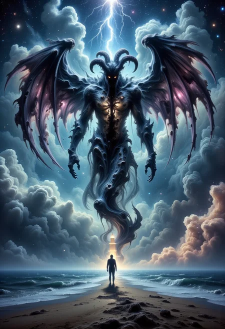 A colossal figure with a tentacle head kraken head and dark wings strides ominously through a stormy ocean night. A tiny sailor stands frozen on the beach, illuminated by a lighthouse's yellow beam. Lightning splits the sky, revealing a galaxy of stars and a sense of impending terror.