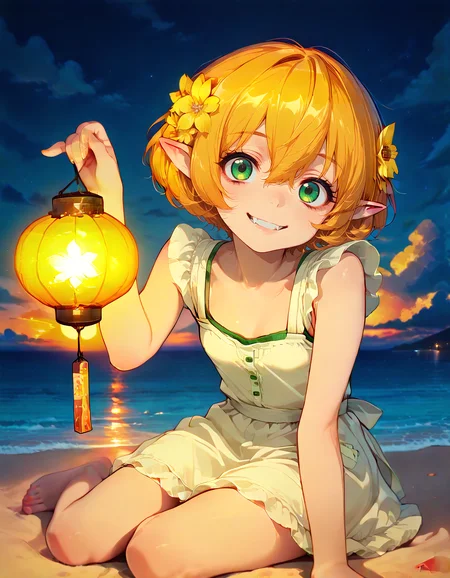 Smooth Quality <lora:michelle_IL:1> michelle, short hair, blonde hair, orange hair, hair flower, pointy ears, elf, green eyes, hair between eyes, yellow flower, aged down, small breasts, apron only, nothing underneath, barefoot, 1girl, beach, cloud, cloudy_sky, fangs, hand_up, head_tilt, holding, looking_at_viewer, ocean, sky, smile, solo, sunset, teeth, upper_teeth_only, water, lantern_festival, sakura_blossoms_above, nighttime_scene, warm_paper_lantern_light, intimate_mood, gentle_floating_pose, (shokuen:1.1),, <lora:ck-shadow-circuit-IL:1> in the style of cksc, detailed eyes, detailed face, detailed skin <lora:DetailedEyes_V3:1> <lora:cfg_scale_boost:0.7> <lora:lightingSlider:-1> late night (high-key lighting:1.2), <lora:SkindentationIL3.4_alpha16.0_rank32_full_400steps:3> <lora:Crazy_Btch_-_Psychopath_expression:1> psych0path <lora:ponyv6_noobE11_2_adamW:0.7>