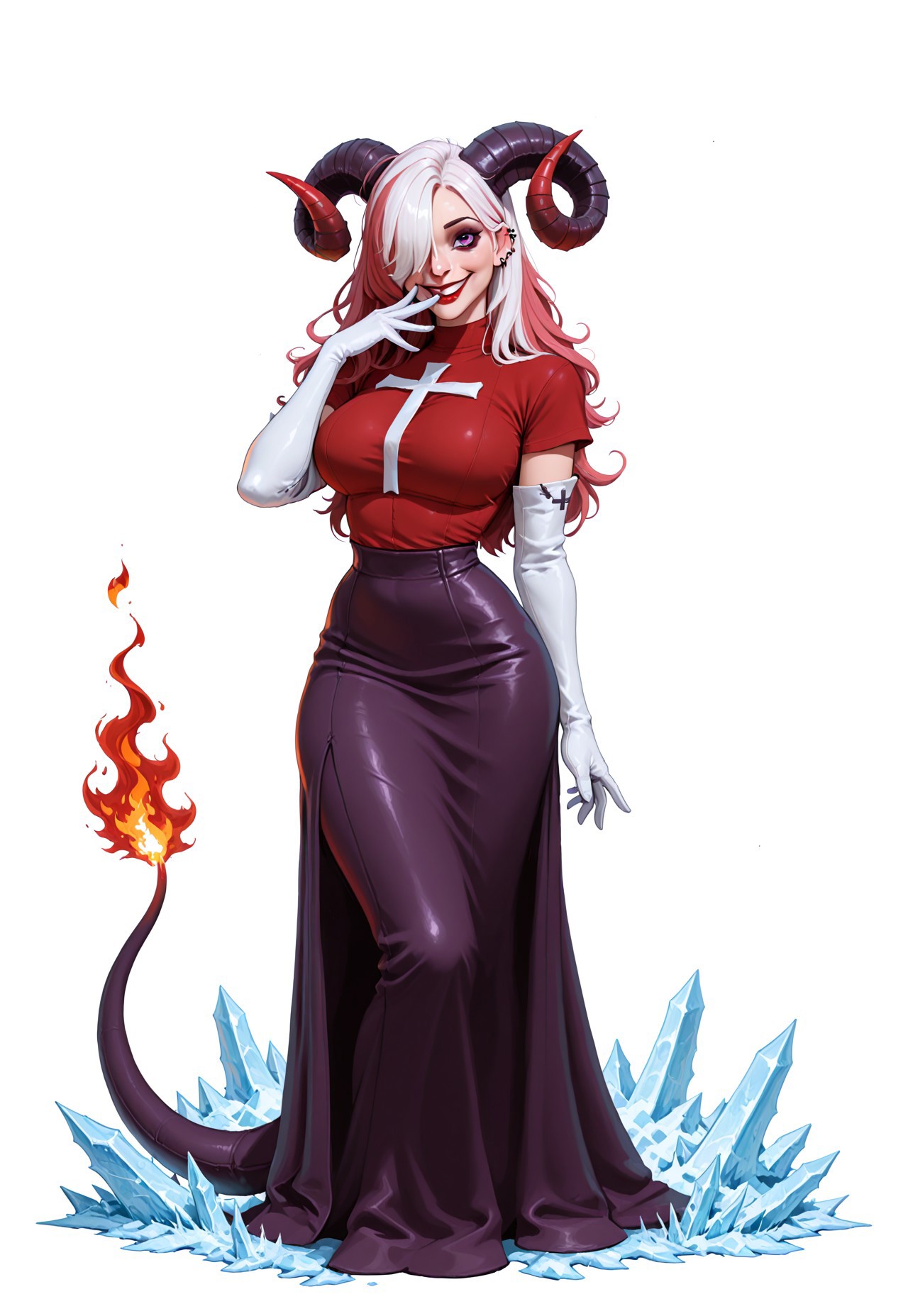 masterpiece, best quality, very aesthetic, absurdres, VD1F4NT4, 1girl, curled horns, elbow gloves, fire, full body, gloves, hair over one eye, hand to own mouth, hand up, horns, large breasts, long hair, looking at viewer, monster girl, one eye covered, pink hair, simple background, skirt, smile, solo, standing, tail, white background, white gloves cross, red shirt, ear piercing, red lips two tone hair, auburn hair, white hair, tail, white background, white gloves fire, ice, black purple shirt