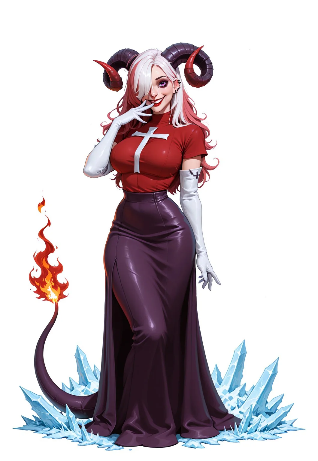 masterpiece, best quality, very aesthetic, absurdres, VD1F4NT4, 1girl, curled horns, elbow gloves, fire, full body, gloves, hair over one eye, hand to own mouth, hand up, horns, large breasts, long hair, looking at viewer, monster girl, one eye covered, pink hair, simple background, skirt, smile, solo, standing, tail, white background, white gloves cross, red shirt, ear piercing, red lips two tone hair, auburn hair, white hair, tail, white background, white gloves fire, ice, black purple shirt