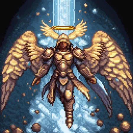 pixel art portrait of a celestial archangel with golden wings, an armor covered in ores and an halo above his head<lora:pixel-art-xl:1.0>