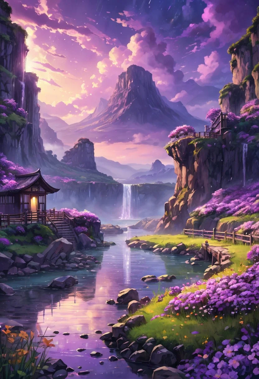 oil matte art, calm relaxing scenery, beautiful anime landscape, river, beautiful digital art, DarkFantasy, purple glow, panoramic view, rain, wet, huge wall, huge gate, creative gate, on the mountain cliff, detailed rocky cliffs, detailed clouds, fisheye lense, flower field, crystal clear, dark clouds in the background, bokeh, OverallDetail, depth of field, detailed art, expressionism,
extremely detailed, UHD,(long exposure )