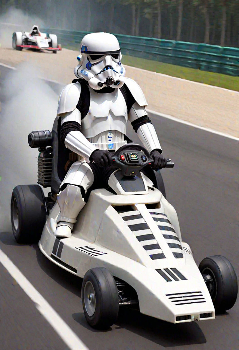 storm trooper driving a formula 1 speeder
