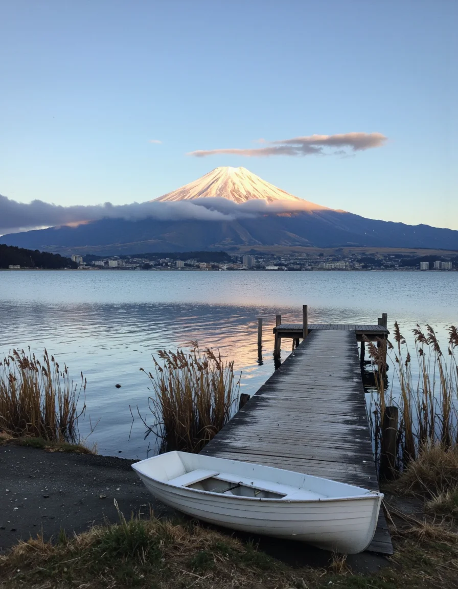 By Maria Isabel Ruiz. A scenic view of a large body of water with a mountain in the distance, covered in snow and mist, and a small wooden pier extending into the distance. a small white boat sits on the shore of a calm lake, surrounded by tall grasses in the foreground. the sky is a clear blue with a few clouds scattered across it, and the sun is setting behind the mountain, casting a warm orange glow over the scene. the lake is calm and still, reflecting the sky and the surrounding landscape. in the background, a cityscape with buildings and trees can be seen, partially obscured by the snow-capped peak of mt fuji. the overall mood of the image is peaceful and serene, with the calmness of the lake and the tranquility of the scene creating a sense of tranquility.