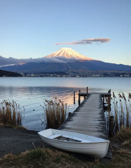 By Maria Isabel Ruiz. A scenic view of a large body of water with a mountain in the distance, covered in snow and mist, and a small wooden pier extending into the distance. a small white boat sits on the shore of a calm lake, surrounded by tall grasses in the foreground. the sky is a clear blue with a few clouds scattered across it, and the sun is setting behind the mountain, casting a warm orange glow over the scene. the lake is calm and still, reflecting the sky and the surrounding landscape. in the background, a cityscape with buildings and trees can be seen, partially obscured by the snow-capped peak of mt fuji. the overall mood of the image is peaceful and serene, with the calmness of the lake and the tranquility of the scene creating a sense of tranquility.