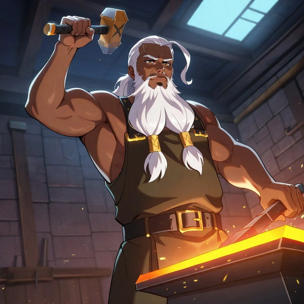 masterpiece, best quality, newest, absurdres, highres, anime, anime style, Smithing-IL.V1.1, hammer, holding, holding hammer, holding weapon, weapon, 1boy, dark skin, dark-skinned male, white hair, beard, facial hair, SmithingV1, hammer, holding, holding hammer, holding weapon, weapon,