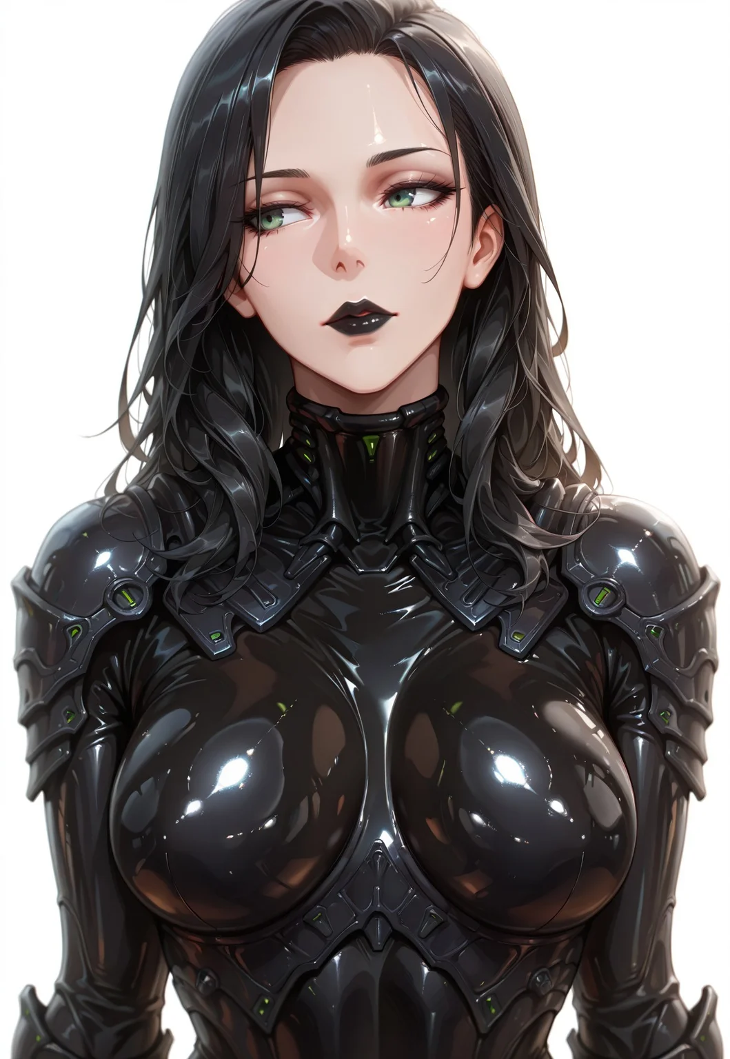 safe_pos, masterpiece, best quality, very aesthetic, absurdres,
1girl, black hair, long hair, green eyes, black lips,
Medium breasts, latex bodysuit, shiny costume, Asgardian armour Suit, breast armour,
upper body, sh1ny,
Side profile view, solo, simple background, white background,