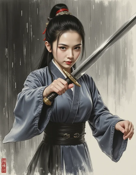 hanfu girl,Cinematic Lighting,kongfu,with a chinese dagger,rain,soaked to the surface,portrait,dynamic posture of sword swing,chinese characters,Ink wash painting,