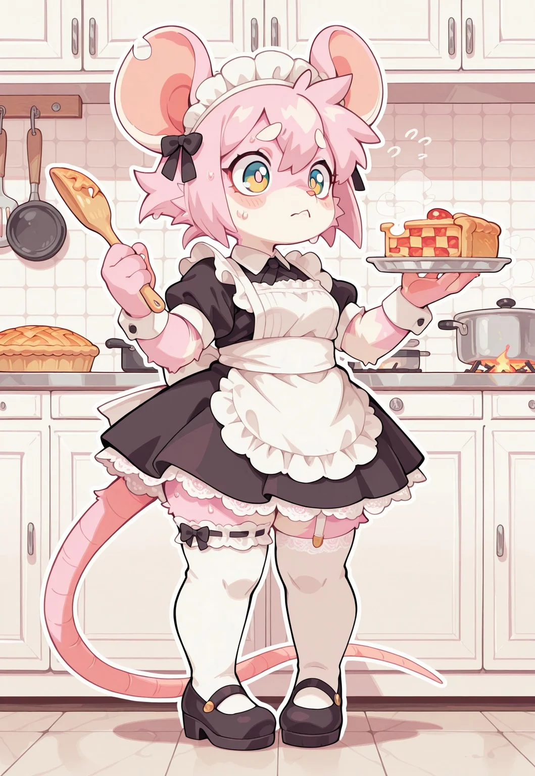 S4bit4mago_illu, anime style, s0wasow4rt_illu, halftone, _Style, Cartoon_Type, score_9, score_8_up, score_7_up, masterpiece, best quality, amazing quality, very aesthetic, rat girl, _Style, rat, furry:1.2, Cartoon_Type, curvy, fluffy1.3, shortstack rat girl, lace styled dress, maid outfit, kitchen, dress, thick white outline, slightly chubby, white lace, thigh garter, face focus, fabric, intricate lace, maid headdress, intricate details:1.2, long skirt, pink fur, stockings, cooking, standing upright, pigeon_toed, rat tail, pie, nervous, sweating, worried, stunned, cooking, countershade fur, stylish, pose, high quality, cute background,