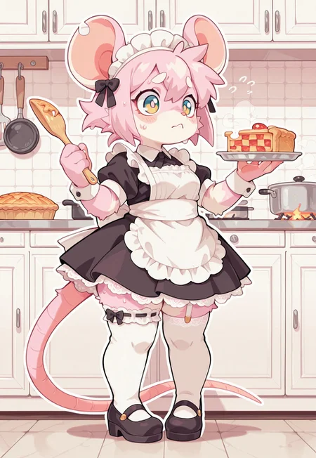 S4bit4mago_illu, anime style, s0wasow4rt_illu, halftone, _Style, Cartoon_Type, score_9, score_8_up, score_7_up, masterpiece, best quality, amazing quality, very aesthetic, rat girl, _Style, rat, furry:1.2, Cartoon_Type, curvy, fluffy1.3, shortstack rat girl, lace styled dress, maid outfit, kitchen, dress, thick white outline, slightly chubby, white lace, thigh garter, face focus, fabric, intricate lace, maid headdress, intricate details:1.2, long skirt, pink fur, stockings, cooking, standing upright, pigeon_toed, rat tail, pie, nervous, sweating, worried, stunned, cooking, countershade fur, stylish, pose, high quality, cute background,