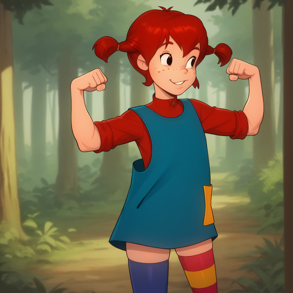 score_8_up, BREAK, Pippi, 1girl, solo, red hair, short twintails, black eyes, freckles,  red dress,  blue overalls, thighhighs, mismatched legwear, multicolored legwear, asymmetrical legwear, <lora:Pippi_Longstocking_PXL_Leaf2:0.8>, forest, blurry background,  cowboy shot, flexing,