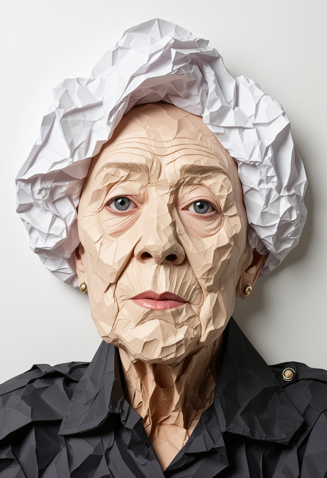 crumpled paper art. in the form of an older woman. (her face is made from cumpled paper. bold composition