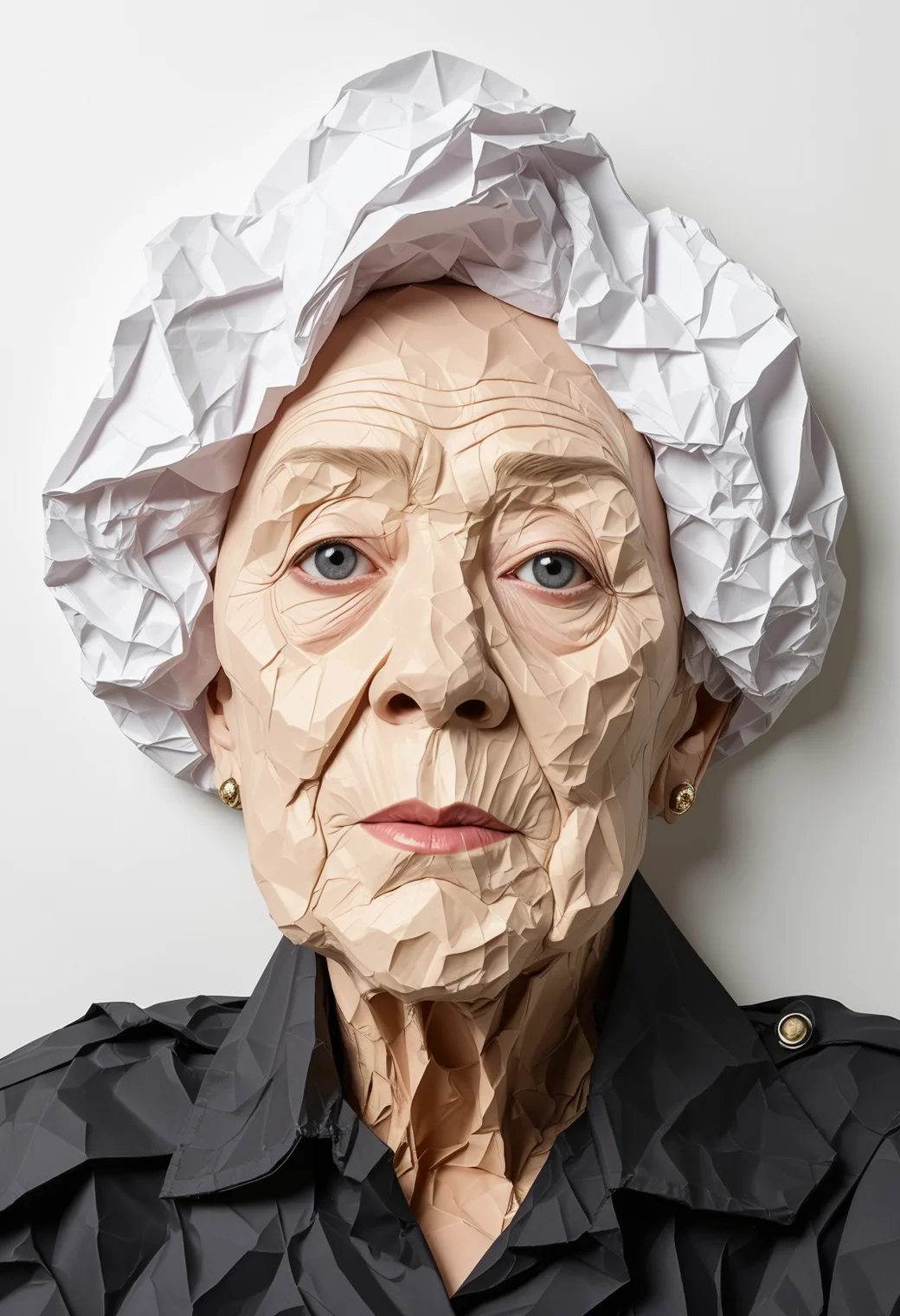 crumpled paper art. in the form of an older woman. (her face is made from cumpled paper. bold composition