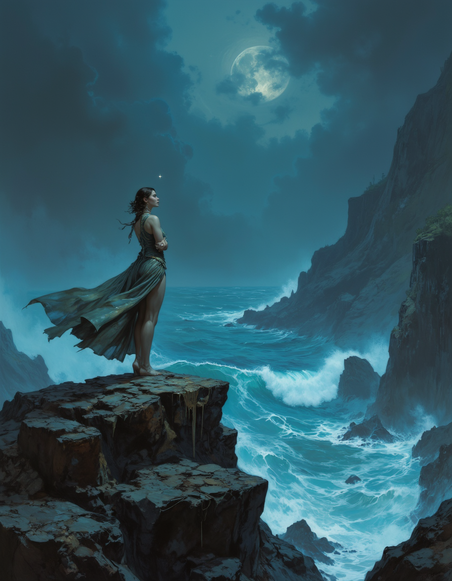 in the style of cksc, 

dark fantasy aesthetic. , digital artwork of a futuristic, natural colors, , epic.  luminescence, ultra realistic, hyper detailed, soft lighting , epic scale.
(detailed digital painting, detailed oil painting). 

 woman standing on a rocky cliff, overlooking a stormy sea. The waves crash violently against the cliffs, and the dark, stormy sky looms overhead. She wears a flowing dress and has her arms crossed, her posture reflecting her aloof and distant demeanor. Despite the turbulent surroundings, the woman remains steadfast, embodying an aura of inner strength in the face of loneliness and isolation. The vivid colors and dramatic lighting create a cinematic feel, making this image an ideal candidate for a poster., poster, vibrant, photo, cinematic. An otherworldly atmosphere. Epic.
 monumental,  Otherworldly atmosphere.
(Depth of field), low saturation,detail. mythp0rt Stylish, charismatic.

<lora:SDXL\FLUX_frazetta_flux_v2-000150.safetensors:1.0>, Frank Frazetta



