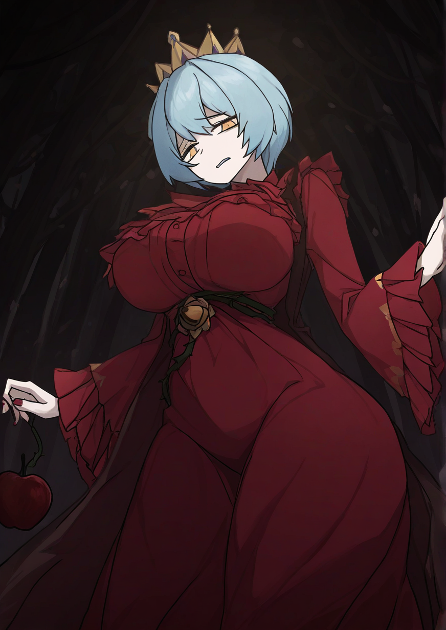 <lora:Akakun:1>,1girl, angela \(project moon\), snow white's apple, huge breasts, wide hips, library of ruina, project moon, apple, blue hair, crown, disgust, dress, e.g.o (project moon), food, forest, frilled dress, frills, fruit, long sleeves, looking at viewer, medium hair, nature, neckerchief, parted lips, plant, red dress, red nails, red neckerchief, solo, vines, yellow eyes, 
animated, dynamic angle,very awa, masterpiece, best quality, highres, absurdes,amazing quality,very aesthetic,intricate details,