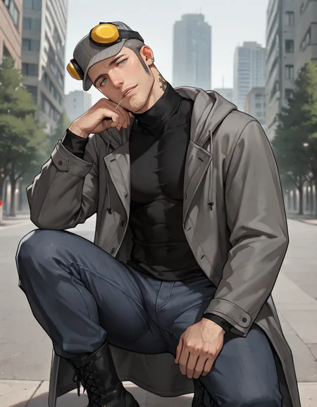 masterpiece, best quality, absurdres, newest, perfect quality, best quality, absolutely eye-catching, detailed background, intricate details, male focus, realistic, solo, <lora:Persona 5 - Munehisa Iwai - Illustrious_1:0.7>, m_iwai, 1boy, mature male, grey hair, grey eyes, long sideburns, stubble, neck tattoo, multiple earrings, pinstripe hat, ear protection, grey long coat, black turtleneck, hood down, jeans, black boots, head tilt, come hither, looking at viewer, outdoors, city, trees, three quarter view, lollipop in mouth