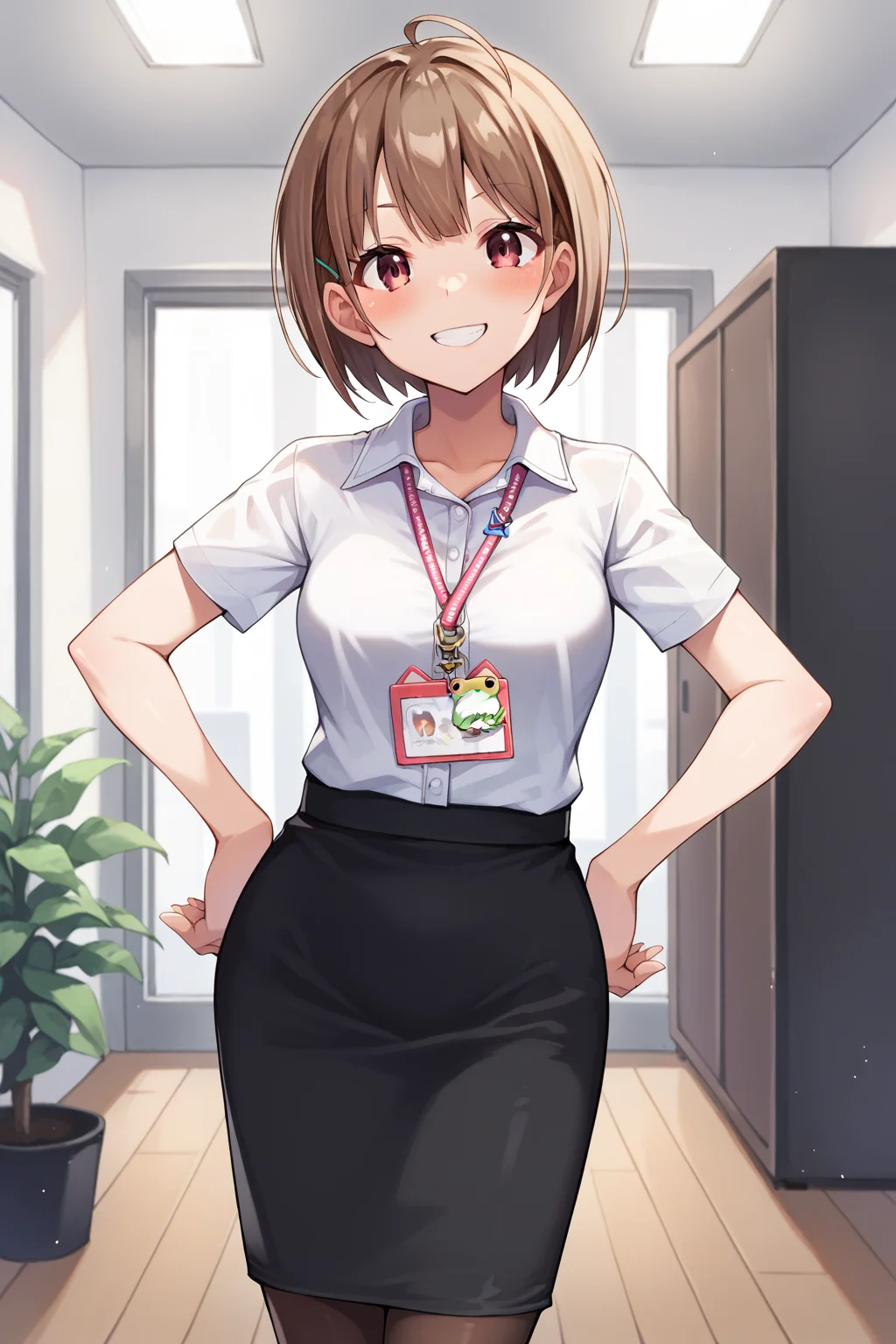 score_9, score_8_up, score_7_up, source_anime, nodokahaurusaki, <lora:harusaki_nodoka_XL:0.9>, 1girl, solo, brown hair, short hair, ahoge, hairclip, red eyes, medium breasts, office lady, white shirt, collared shirt, short sleeves, black skirt, pencil skirt, black pantyhose, lanyard, id card, indoors, office, looking at viewer, smile, grin, blush, hands on own hips, open mouth, cowboy shot