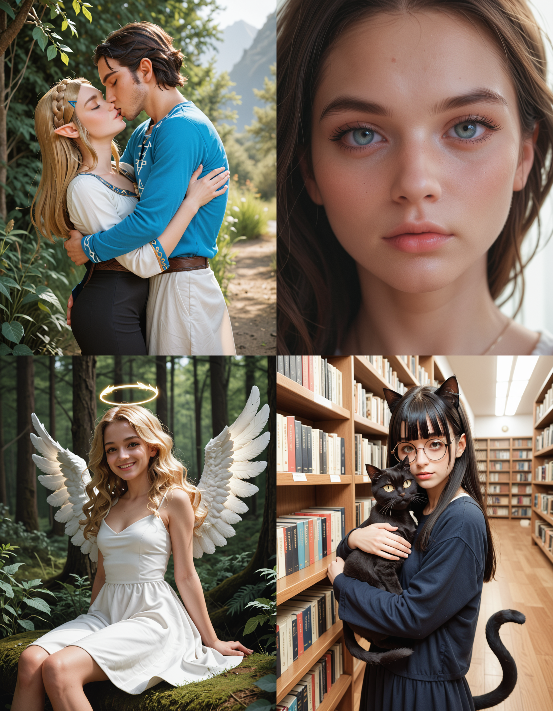 https://civitai.com/articles/5300 ___ All images: score_9, score_8_up, score_7_up ___ 1st image: 1girl, 1boy, Princess_Zelda, \(The_Legend_of_Zelda:_Breath_of_the_Wild\), standing, kiss, hug, closed_eyes ___ 2nd image: 1girl, lovely face, portrait, close-up, looking_at_viewer, closed_mouth ___ 3rd image: 1girl, solo, blonde_hair, wavy_hair, angel, angel_wings, halo, smile, sitting, forest, white_dress ___ 4th Image: 1girl, solo, long_hair, black_hair, blunt_bangs, straight_hair, round_eyewear, cat_girl, cat_ears, cat_tail, standing, hug cat, looking_at_viewer, library