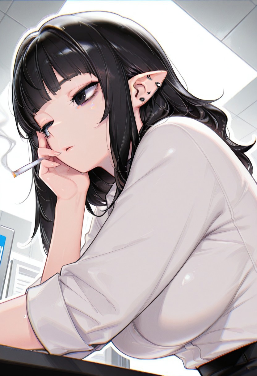 pop_bae_style, best quality, 1girl, detailed eyes, black eyes, pointed ears, smoking, side view, cool pose, large breasts, bags under eyes, tired, office shirt, from below, blunt bangs, ear piercing
