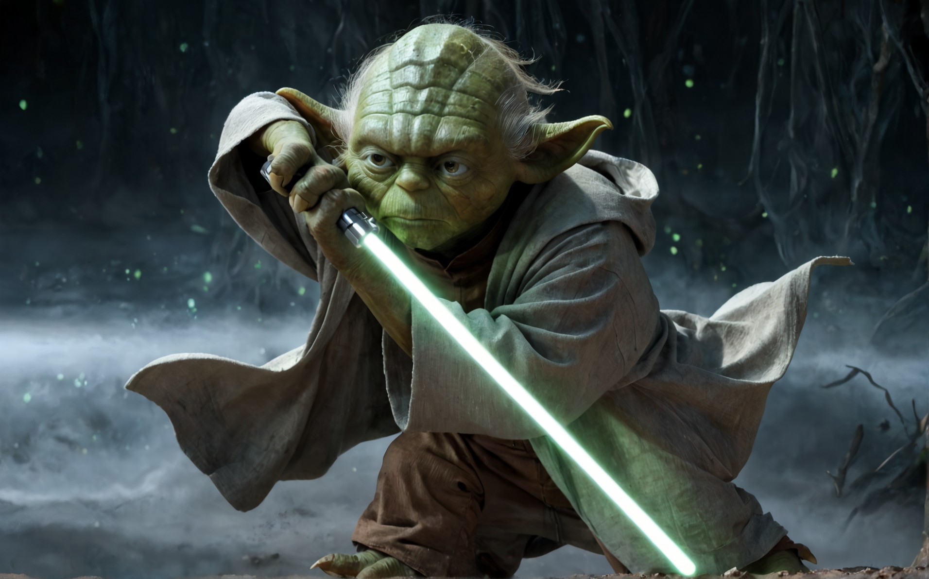 score_9, score_8_up, score_7_up, Yoda, \(Star Wars\)/,(ultra HD quality details), (green skin:1.5), reflections, highly detailed, film grain,  a wise, battle-ready pony jedi master, green fur, large expressive eyes, long pointed ears, 
A highly detailed, cinematic-style digital illustration of a small green alien warrior in a flowing grey robe, wielding a glowing green energy sword (lightsaber), captured mid-air in an action pose. The character has large pointed ears, wrinkled green skin, and a focused, intense expression. The background features a futuristic, glowing abstract scene with dynamic light trails and green energy particles, evoking a sci-fi atmosphere. The lighting is dramatic, with soft highlights on the character’s face and folds of the robe, conveying movement and power. Rendered in 3D style, sharp details, ultra-realistic textures, vibrant color grading, high contrast, dynamic composition