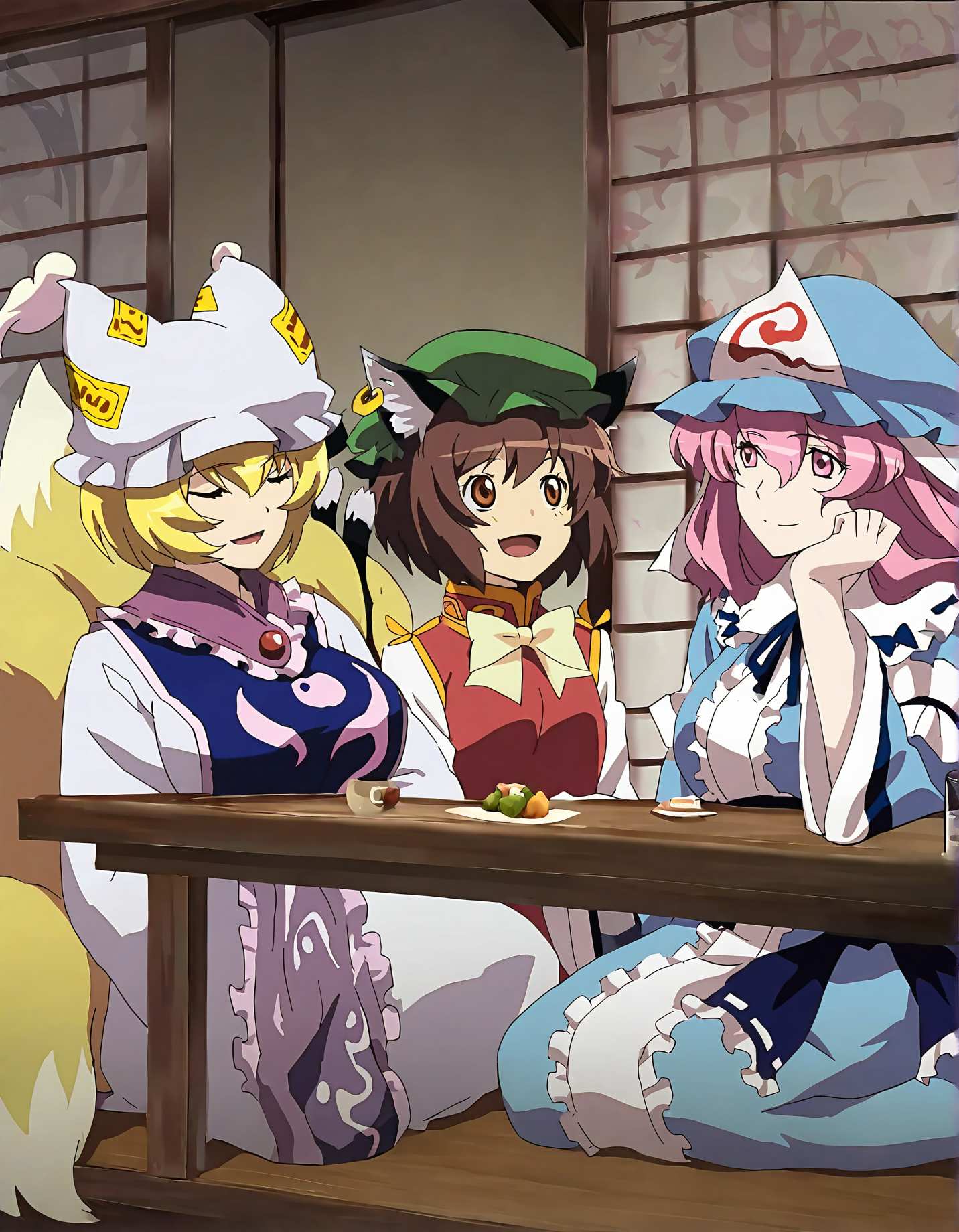 memoriesofphantasm, chen, yakumo yukari, multiple girls, yakumo ran, saigyouji yuyuko, hat, animal ears, blonde hair, tail, cat ears, multiple tails, fox tail, mob cap, 4girls, brown hair, long hair, pink hair, cat tail, short hair, sitting, ribbon, triangular headpiece, japanese clothes, dress, tabard, general, smile, long sleeves, yellow eyes, cup, animal hat, brown eyes, kimono, hair bow, hat ribbon, wide sleeves, bow, nekomata, fox ears, pink eyes, yin yang, white dress, jewelry, frills, two tails, closed eyes, vest, very long hair, sensitive, earrings, looking at another
very awa, masterpiece, best quality, year 2024, newest, highres, absurdres, <lora:memories-of-phantasm-style-noobai-vpred10-logit:1>