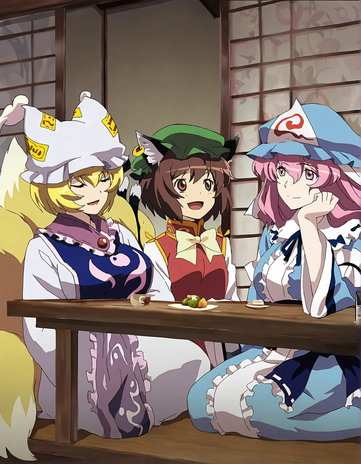memoriesofphantasm, chen, yakumo yukari, multiple girls, yakumo ran, saigyouji yuyuko, hat, animal ears, blonde hair, tail, cat ears, multiple tails, fox tail, mob cap, 4girls, brown hair, long hair, pink hair, cat tail, short hair, sitting, ribbon, triangular headpiece, japanese clothes, dress, tabard, general, smile, long sleeves, yellow eyes, cup, animal hat, brown eyes, kimono, hair bow, hat ribbon, wide sleeves, bow, nekomata, fox ears, pink eyes, yin yang, white dress, jewelry, frills, two tails, closed eyes, vest, very long hair, sensitive, earrings, looking at another
very awa, masterpiece, best quality, year 2024, newest, highres, absurdres, <lora:memories-of-phantasm-style-noobai-vpred10-logit:1>