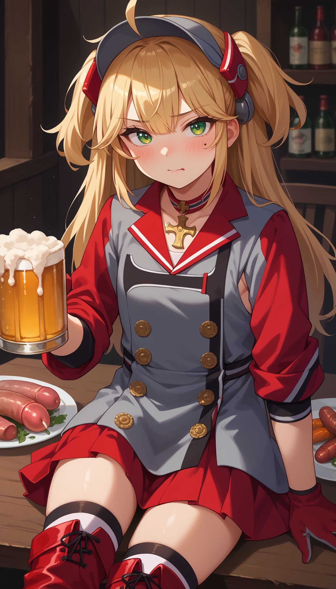 score_9, score_8_up, score_7_up, source_anime,
 <lora:Admiral Hipper:1> azhipper, blonde hair, two side up, hair between eyes, ahoge, bangs, green eyes, long hair, mole under eye, 
, visor cap, grey uniform dress, double-breasted, red sleeves, sleeves rolled up, black sleeves under outer sleeves, armpit cutout, buttons, cross chocker, gloves, two-tone gloves, red skirt, black thighhighs, grey and red boots, two-tone boots, cross shape on footwear,
 beer mug, , sausage, alcohol, food, holding cup, , blush, looking at viewer, , collarbone, small breasts, indoors, , meat, , :d, table, , blunt bangs, drunk,