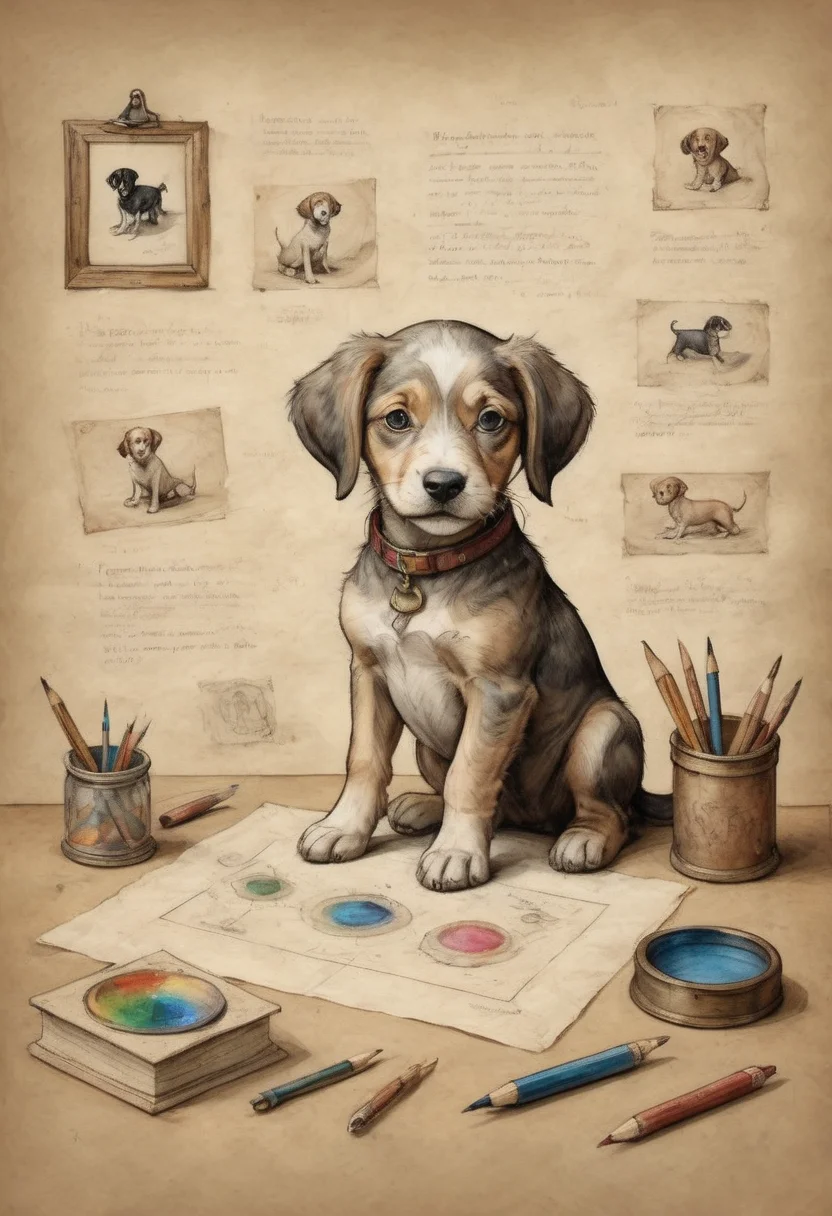 illustration on parchment of an inquisitive puppy on an artist's desk investigating drawings and paintings and art materials