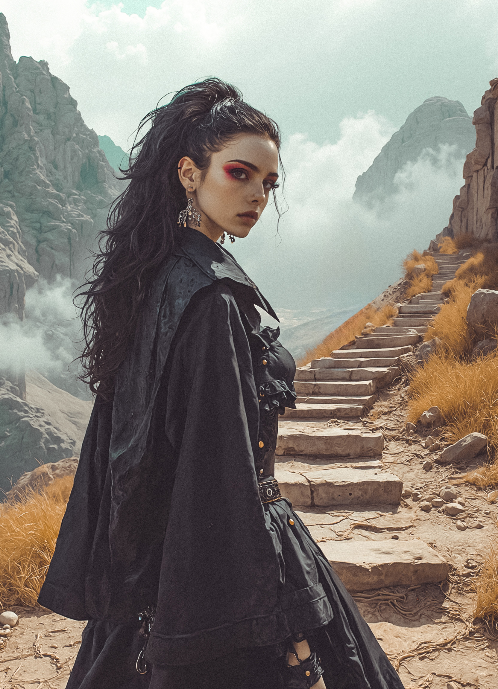 A mysterious woman with piercing red eyeshadow, dark tousled hair walks along a dramatic arabic mountain pathway. Her gothic-inspired black attire, complete with oversized sleeves and metallic earrings, adds a modern, edgy contrast to the ancient stone stairs and the vibrant desert around her.   The weathered pathway snakes through rolling hills, leading into the mist.   The composition balances the raw power of her presence with the tranquil majesty of the natural surroundings, creating an atmospheric, storybook-like scene.  Extreme emphasize on photorealistic, realistic detail, realistic reflection detail and realistic background detail.
