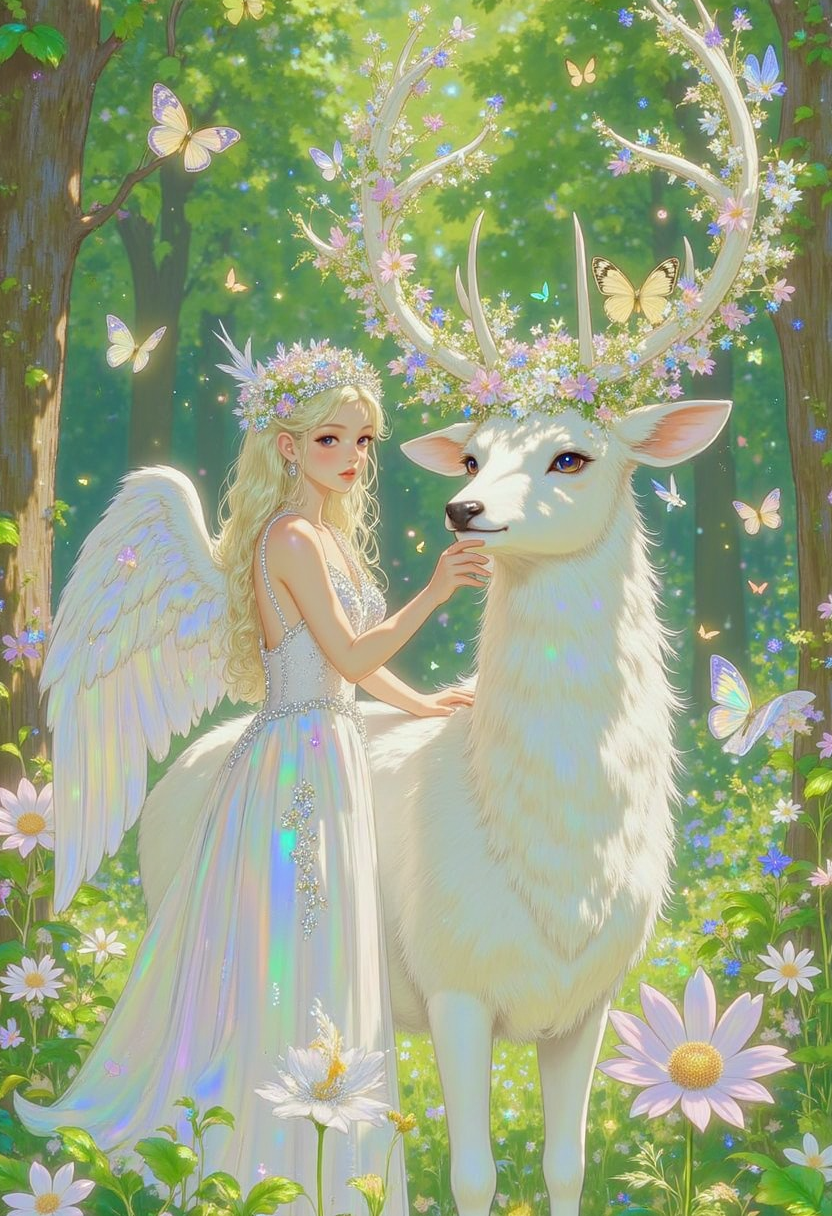 pinkprismaticglow,  The illustration depicts the spring, in a green forest full of flowers, a long-haired angel girl wearing a white angel dress, in front of her is a white deer with huge antlers, the antlers are full of flowers, the woman gently caressed the deer, the colorful butterflies dance around, the details of green leaves and flowers are vivid, rich colors, and the deer is beautiful. Intricate textures and delicate patterns are harmoniously interwoven with the girl's clothing, giving a funny feeling of harmony and unity with nature. Green nature background.
