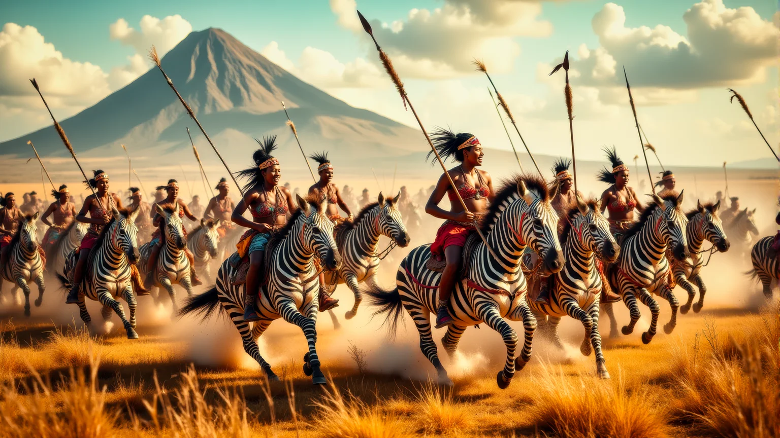 Real photograph of an army of African warrior women, black skin, Nubian, beautiful, breathtaking, athletic, (small breasts:1.4), earrings, necklace, wrist bands, human feet wearing sandals, dangerous, fierce, determined, battle hardened, mounted atop angry and ferocious zebras, cavalry charging into battle with lowered spears, shields and spears bearing war decorations, fierce angry painted faces full of rage, yelling fierce war cries, African Savannah with mount Kilimanjaro in the background, intricate details, masterpiece, elegant, complex patterns, (full body shot from head to toe:1.6), environmental wide angle, dramatic and dynamic morning lighting, intense atmosphere <BaroqueColorful:0.72>