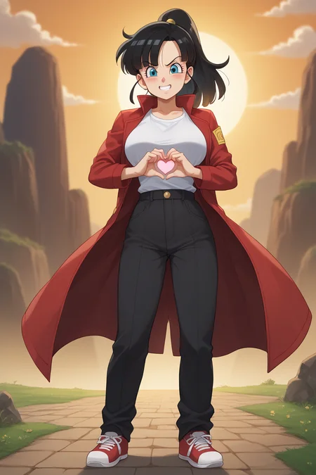score_9, score_8_up, score_7_up, score_6_up, score_5_up, score_4_up, masterpiece, high quality, BREAK, full body, BREAK, 1girl, <lora:Note (Dragon Ball):0.8> note (dragon_ball), black hair, ponytail, tail, monkey tail, red ribbon, hairpiece, large breasts, coat, jacket, <lora:HeartBoobPose:0.9> HeartBoobPose, hand gesture, posing, heart shaped hands, over breasts, heart, heart hands,