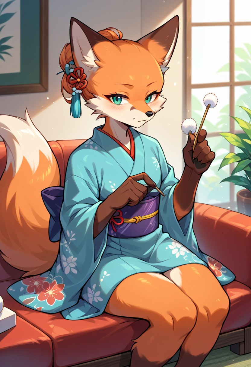 score_9, score_8, score_7, (source_furry, anthro, fox, orange fur)
lap pillow invitation, holding mimikaki,
kimono,
sitting, couch