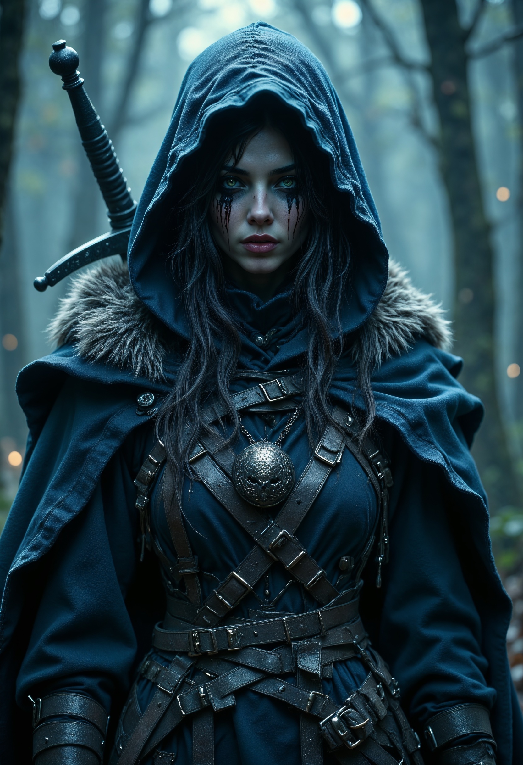 R3alisticF, a mysterious female warrior, cloaked in a detailed, gothic-style outfit. She wears a deep blue garment adorned with various leather straps and buckles, giving her a rugged, battle-ready appearance. The fur-lined mantle around her shoulders adds a touch of nobility and warmth, contrasting with the metallic shoulder plates that protect her. Her face is mostly obscured by long, dark, disheveled hair, which enhances the aura of mystery and danger surrounding her. The visible parts of her face show faint signs of wear and tear, with blood trickling from a cut near her cheek, suggesting recent conflict. Her lips are slightly parted, and her expression is stoic, with a cold, detached gaze barely visible through her hair. Around her neck, she wears a large pendant, an ornate and gothic piece that may hold some symbolic or magical significance. Behind her, a large sword is strapped to her back, the hilt barely visible, hinting at her role as a warrior. The overall atmosphere of the image is dark and ethereal, with a muted, blue-toned color palette that adds to the cold, almost haunting feel of the scene. The lighting is soft and moody, emphasizing the somber, gothic tone, and drawing attention to the intricate details of her attire. This character exudes both strength and mystery, seemingly prepared for battle but also deeply introspective, as though carrying the weight of her experiences. <lora:FluxMythR3alisticF:1>